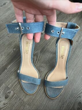 THE MODE COLLECTIVE Denim-Linen Ankle-Strap Heel Sandals